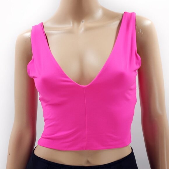 KOOKAI Hot Pink V-Neck Cut Out Tank Crop Top - Picture 1 of 6